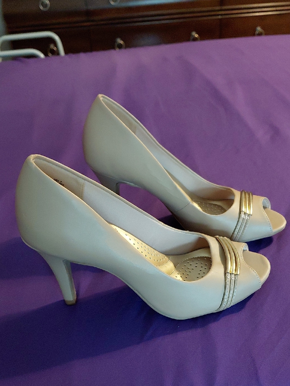 dexflex comfort Nude Peep-Toe Heels with Gold Accent
